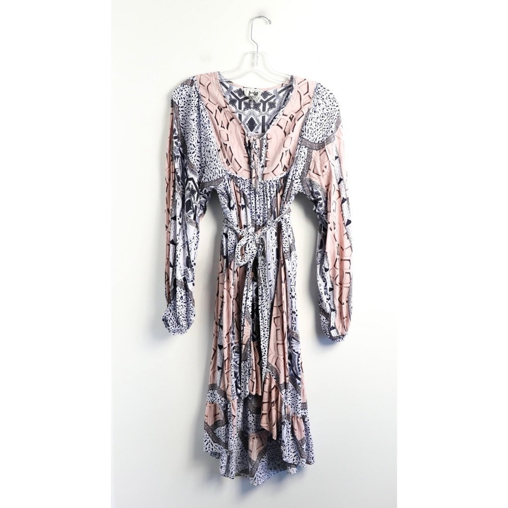 Jaase Odetta patchwork balloon sleeve dress boho short knee length high low XS S